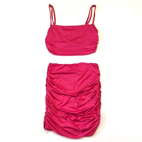 Hot Pink 2 Piece Body Con Cami Crop Top and Ruched Mini Skirt Dress Medium - EUC - Picture 5 of 7